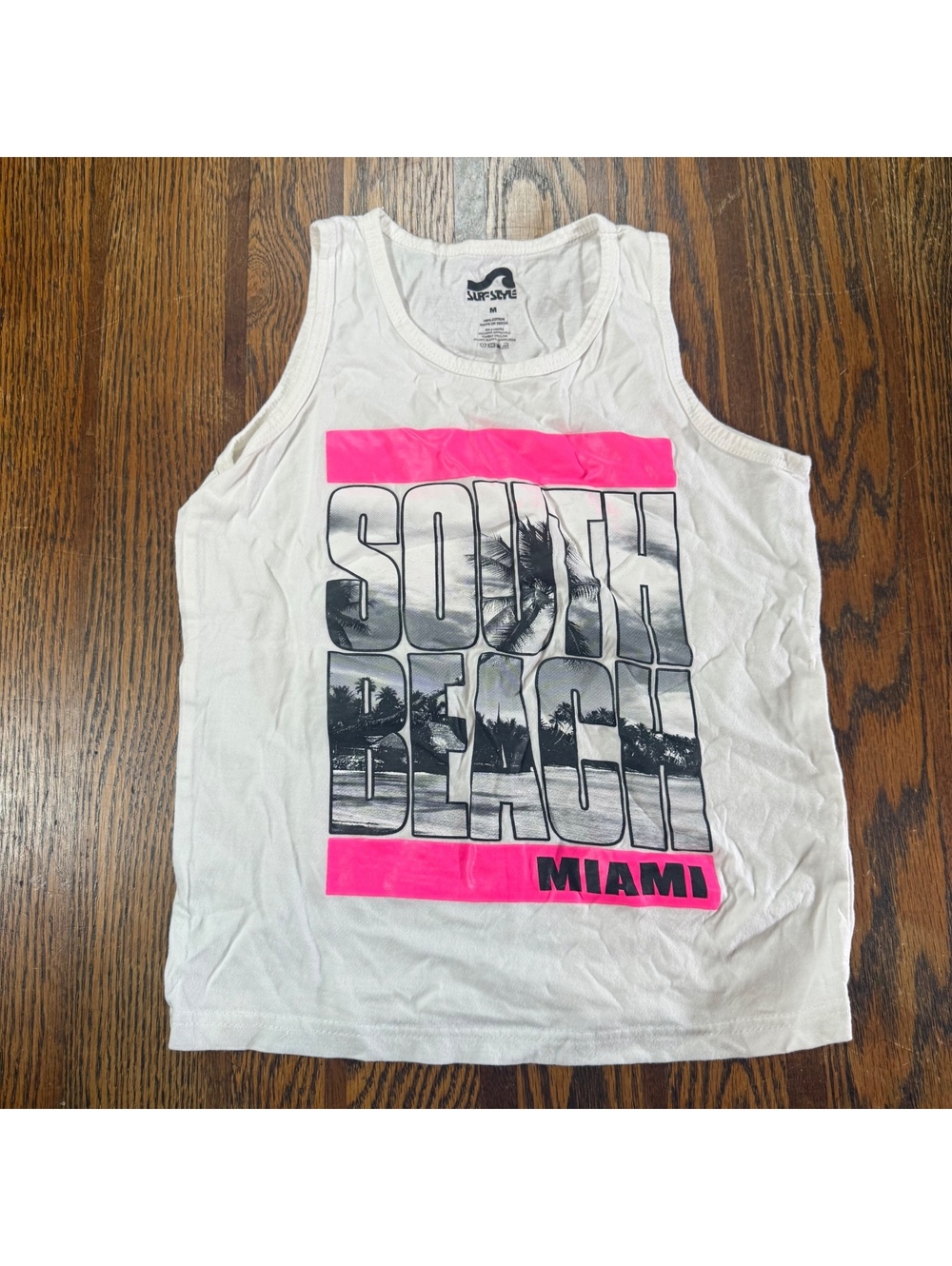 Surf Style South Beach Miami Tank Top White Neon Pink Graphic Boys Size M